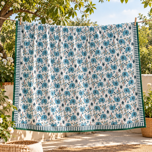 Single Bed Dohar - Blue Elephant