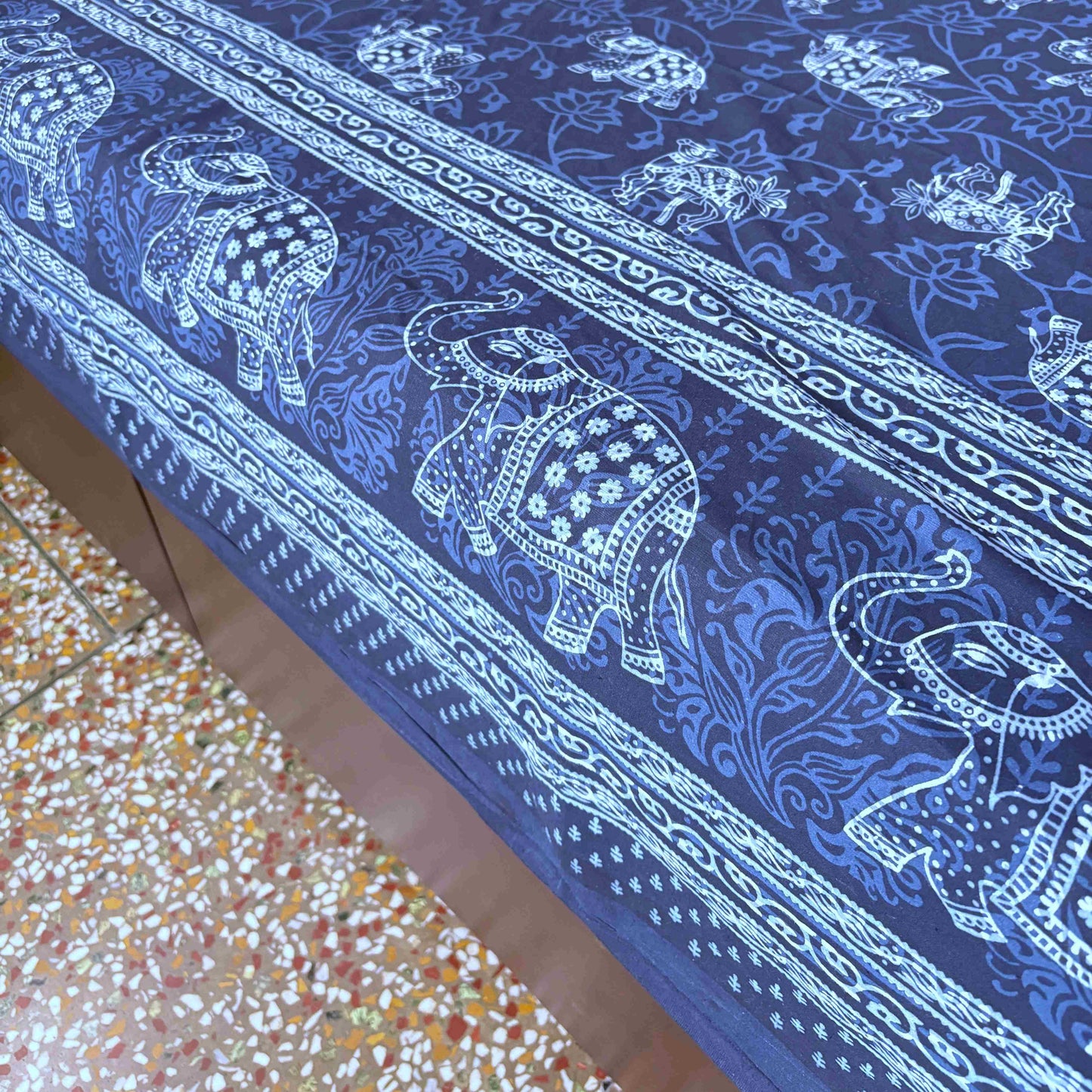 Indigo Elephant -Flat I Fitted Bedsheet (90x108 Inches)