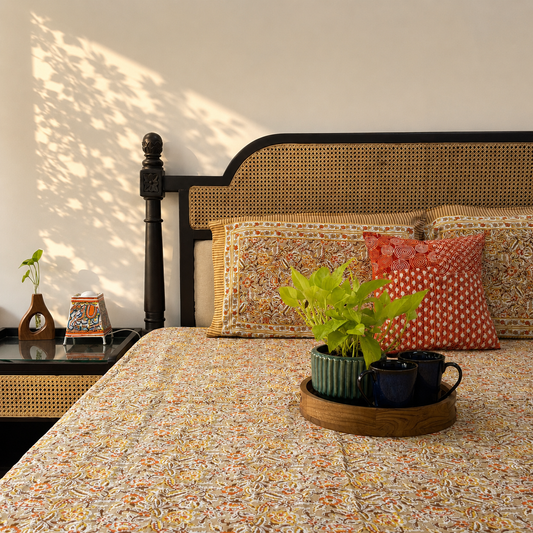 Phulwari Orange - Flat I Fitted Bedsheet (90x108 Inches)