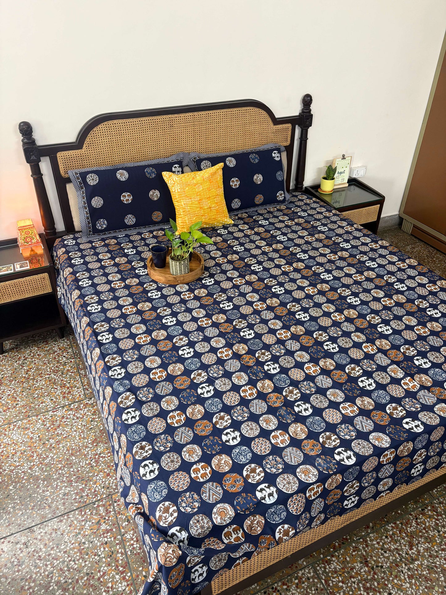 Khushrang Blue - Flat I Fitted Bedsheet (108x108 Inches)