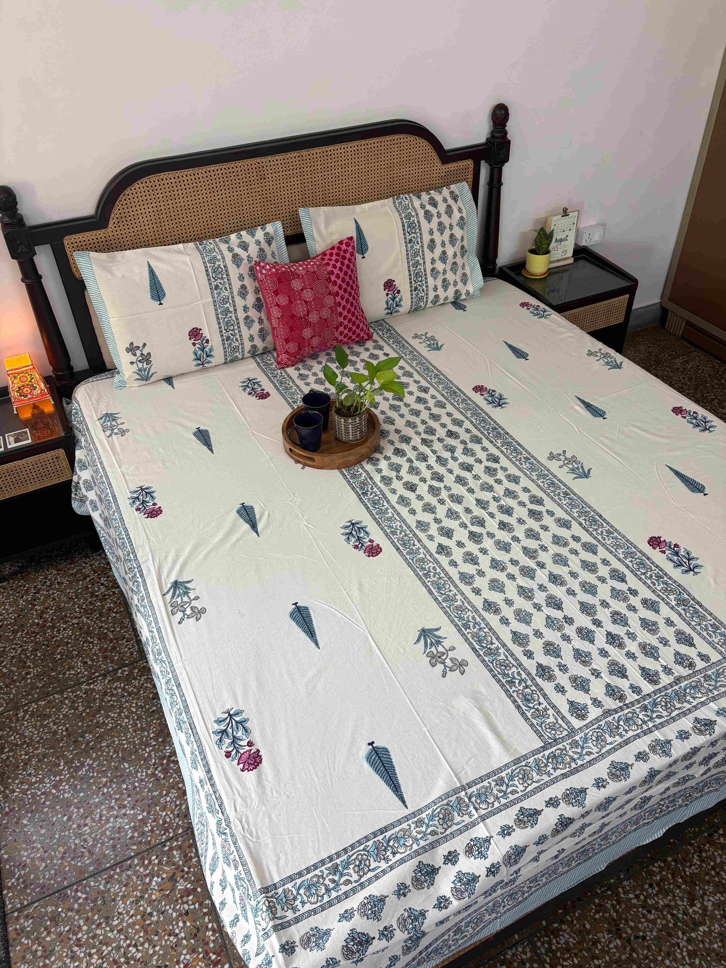 Aafreen Blue - Flat I Fitted Bedsheet (108x108 Inches)
