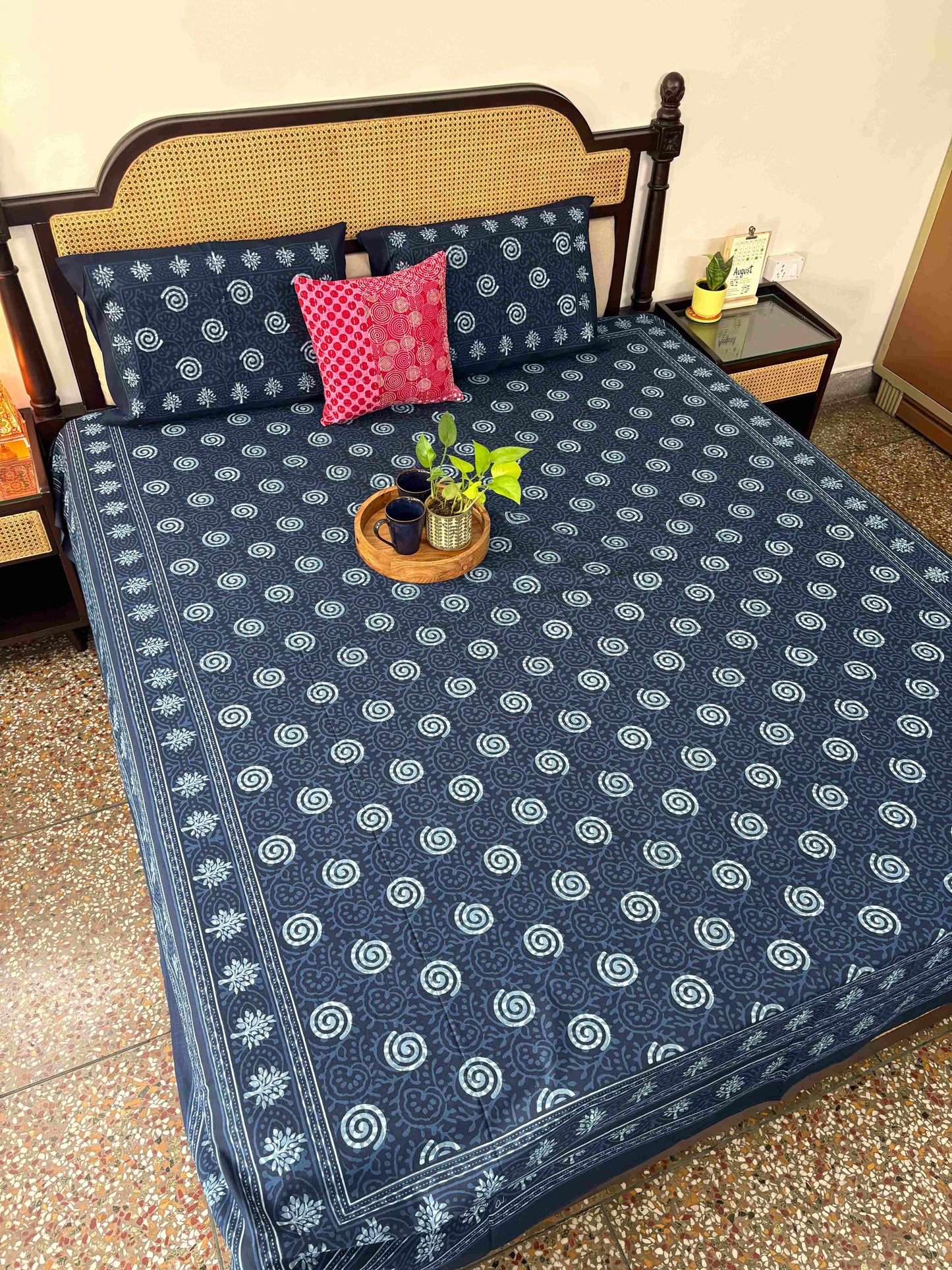 Indigo Rangoli - Flat I Fitted Bedsheet (90x108 Inches)