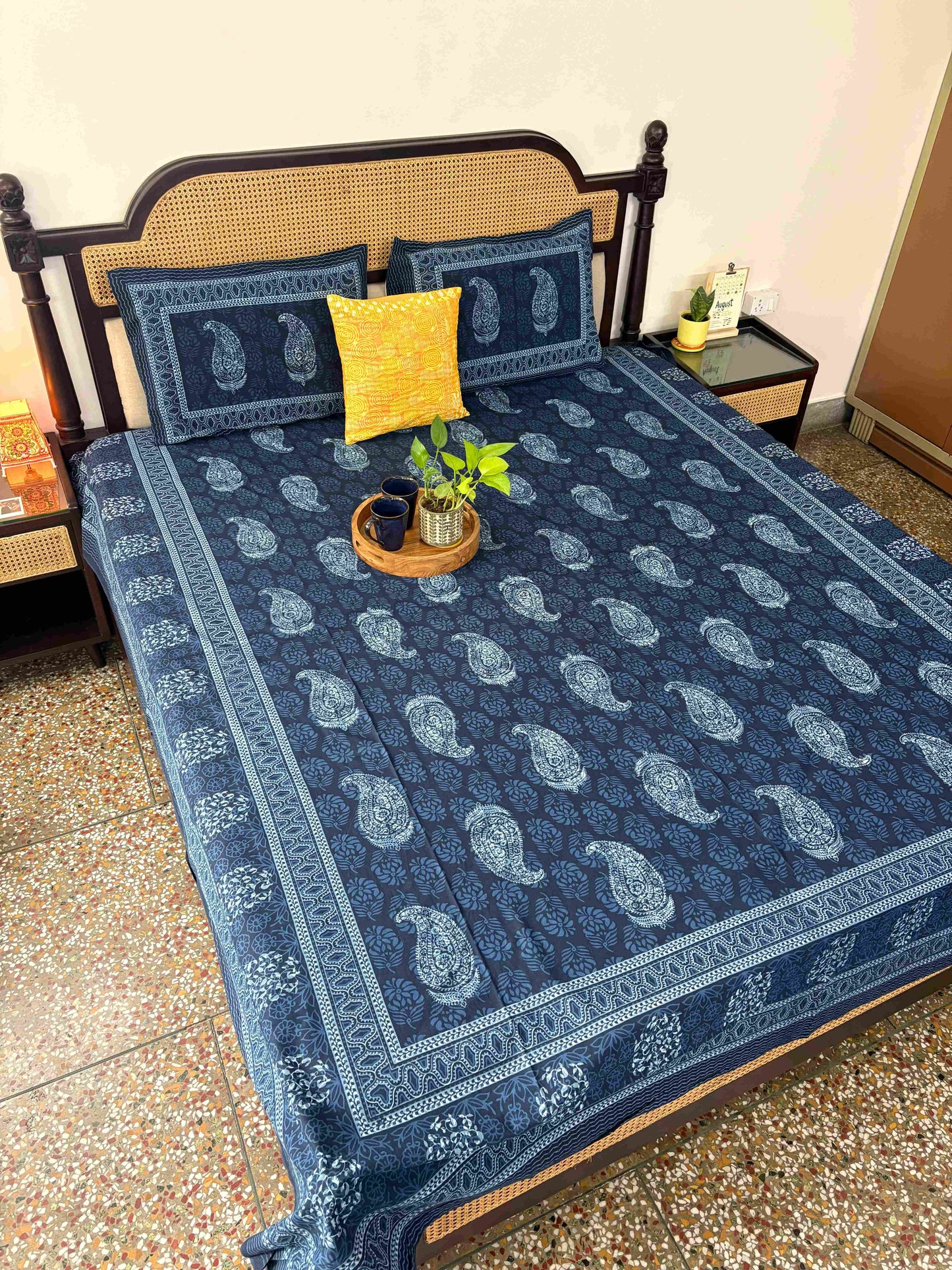 Indigo Paisley - Flat I Fitted Bedsheet (90x108 Inches)