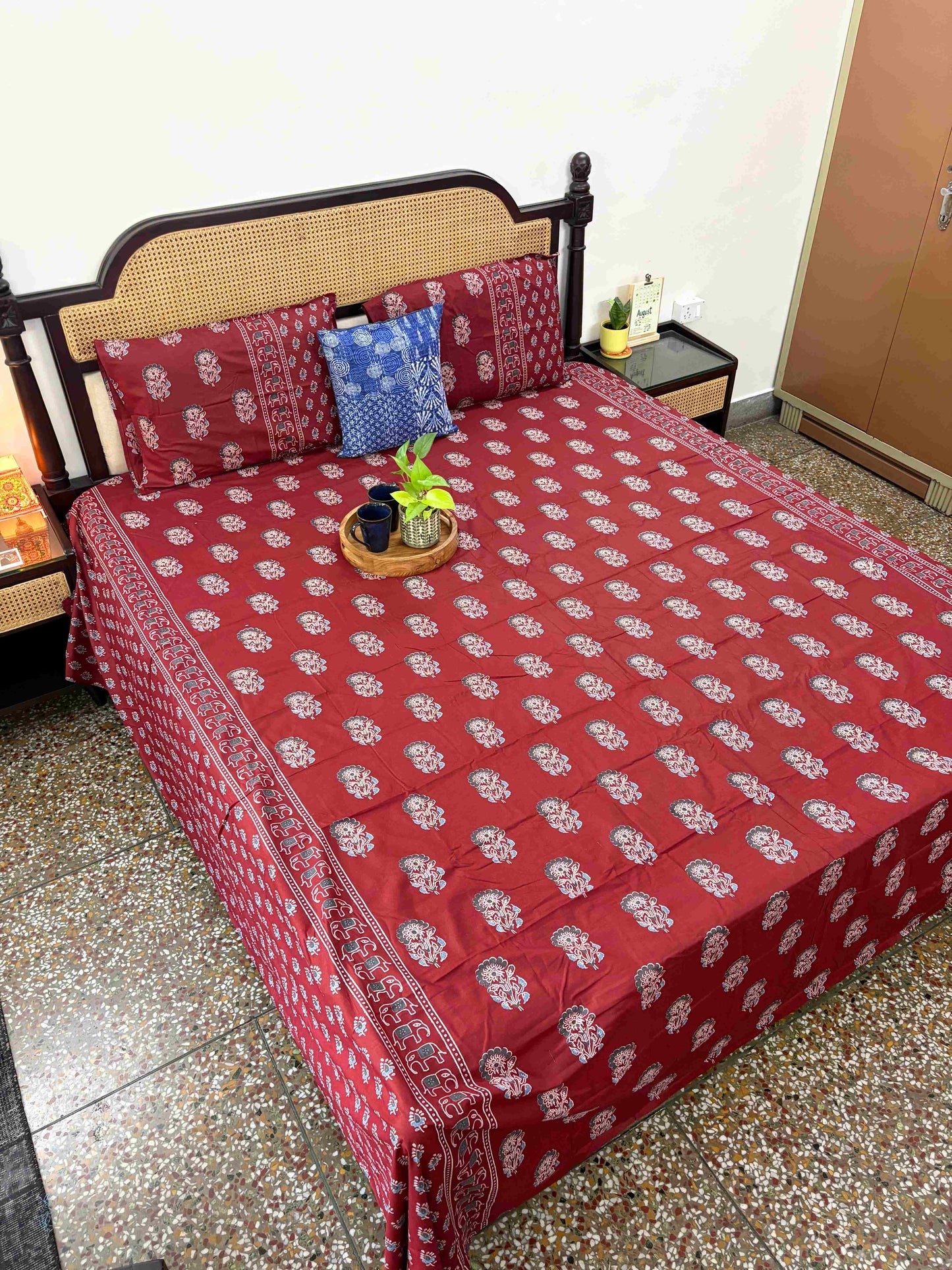 Meher Red - Flat I Fitted Bedsheet (108x108 Inches)