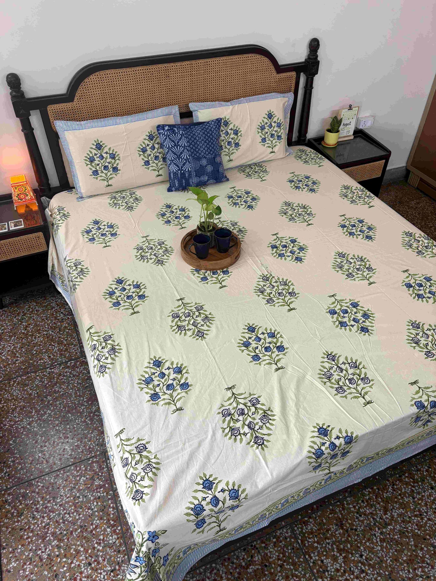 Zareen Blue - Flat I Fitted Bedsheet (108x108 Inches)