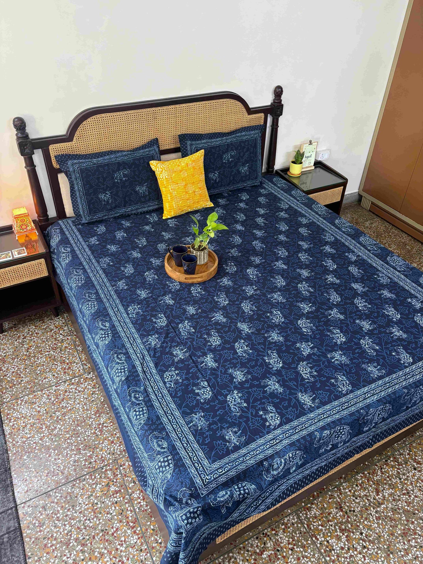 Indigo Elephant -Flat I Fitted Bedsheet (90x108 Inches)