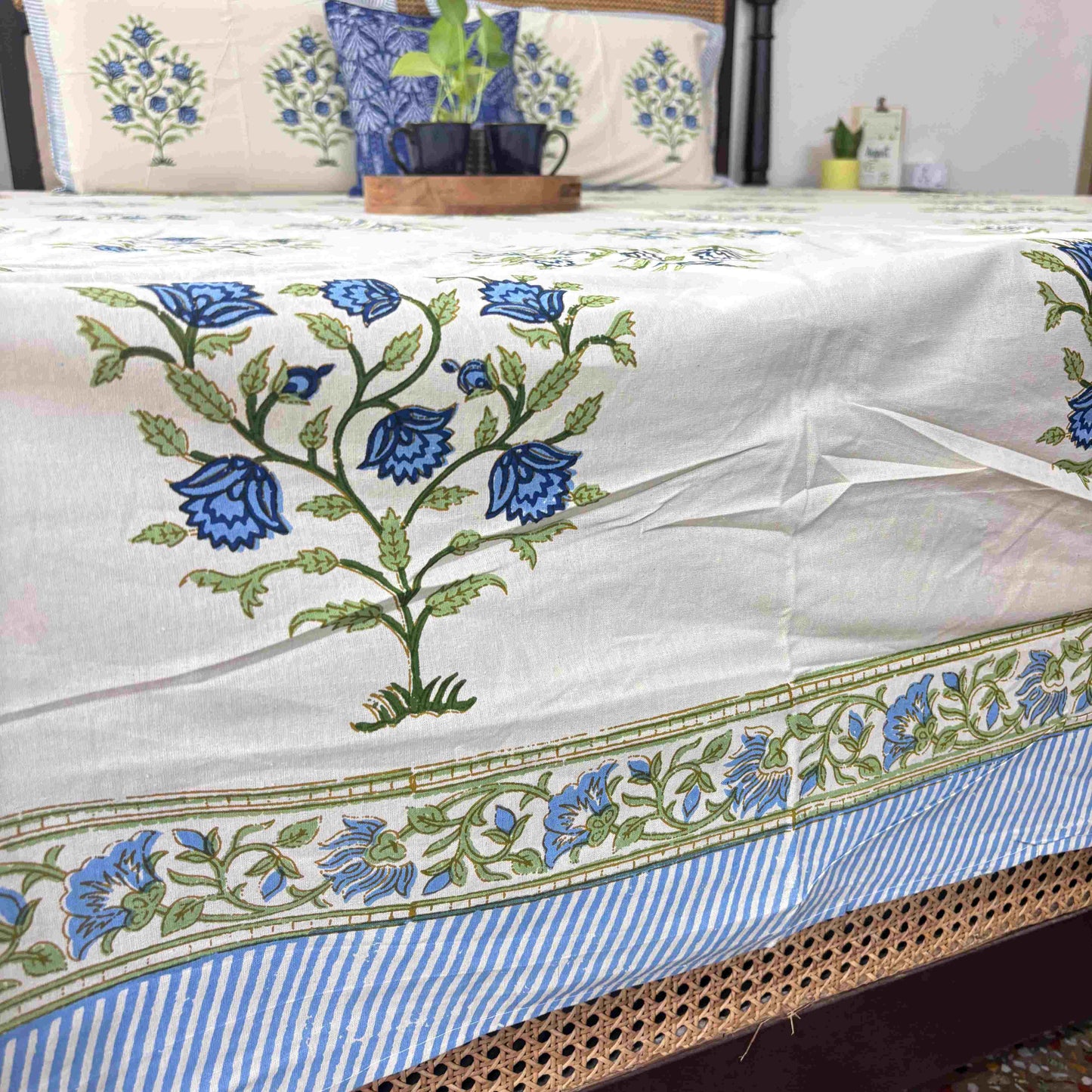 Zareen Blue - Flat I Fitted Bedsheet (108x108 Inches)