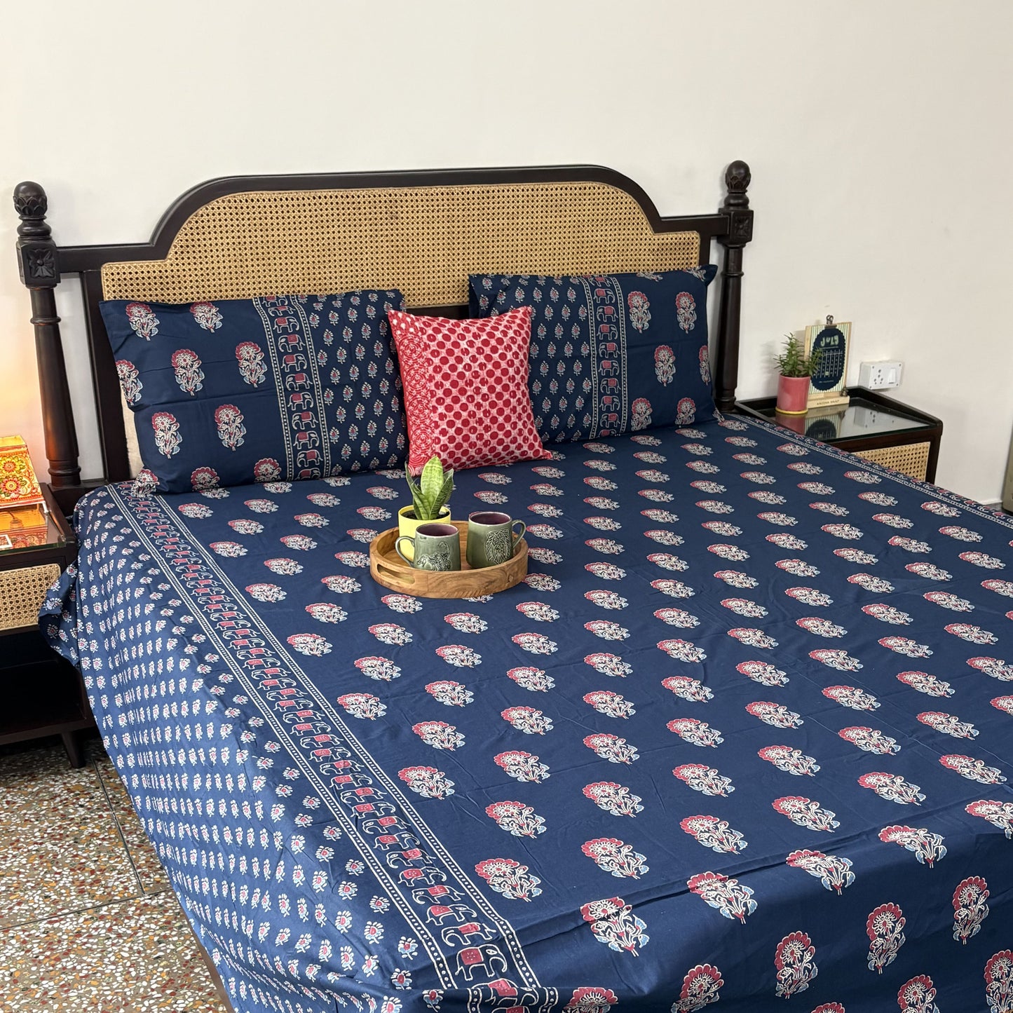 Meher Blue - Flat I Fitted Bedsheet (108x108 Inches)