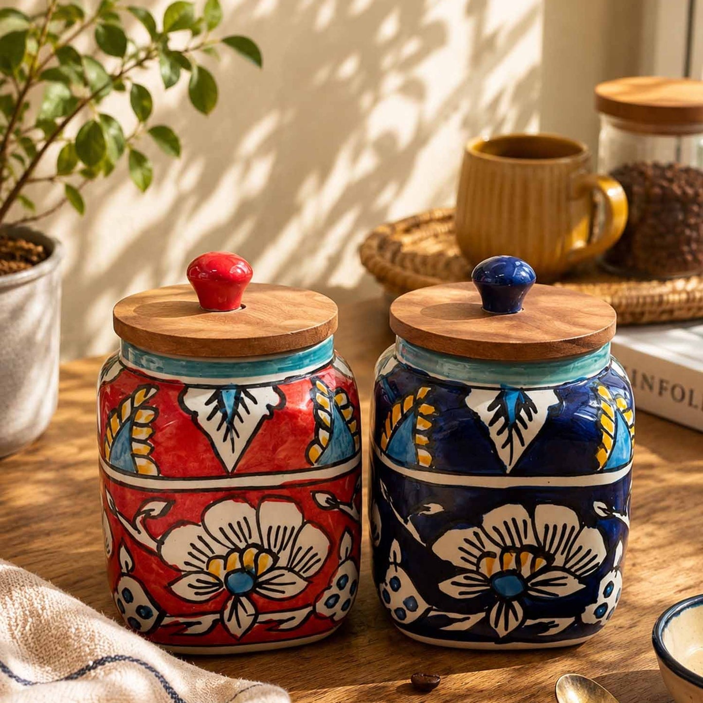 Hand Painted Ceramic Storage Jars - Red Blue- Set Of 2