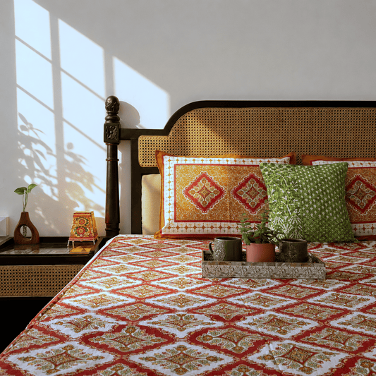 Sagar Red - Flat I Fitted Bedsheet (108x108 Inches)