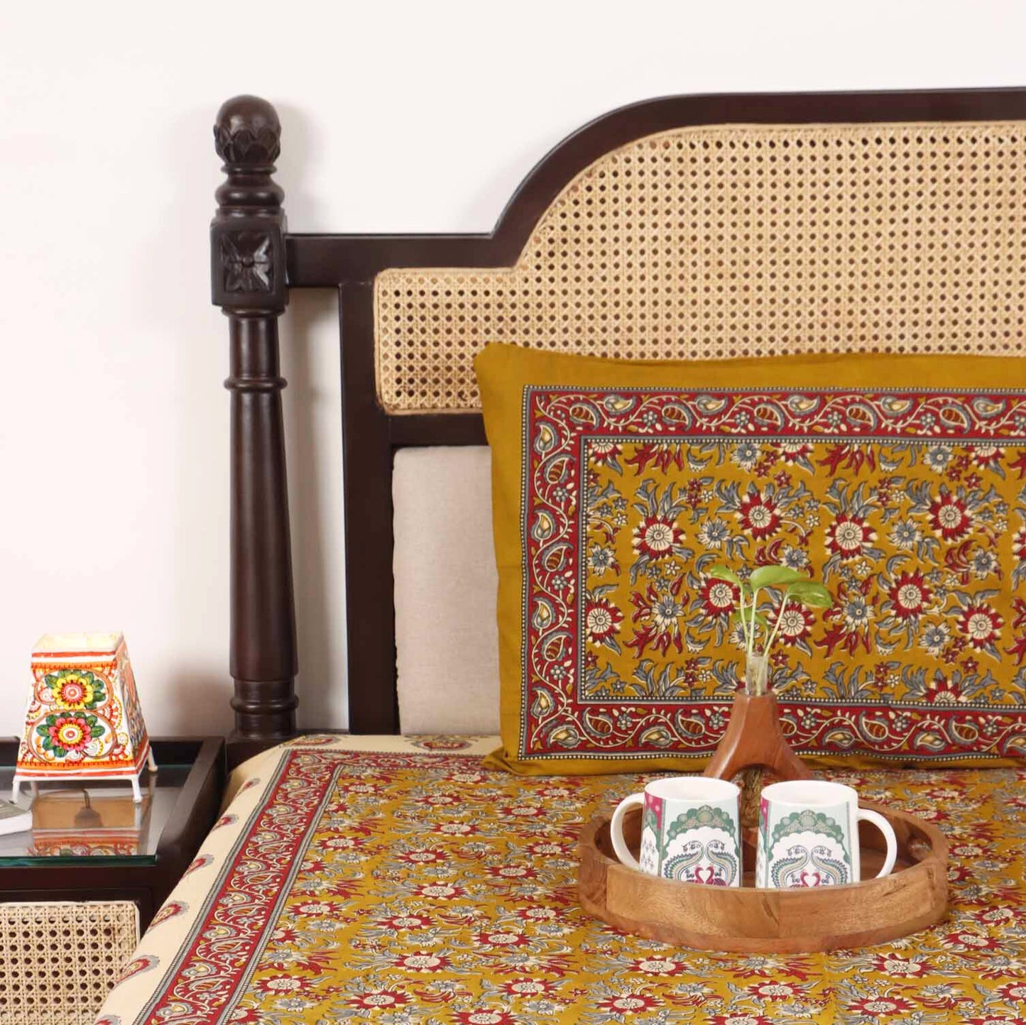 Kalamkari Phool Mustard - Single Bed Bedsheet (60x90 Inches)