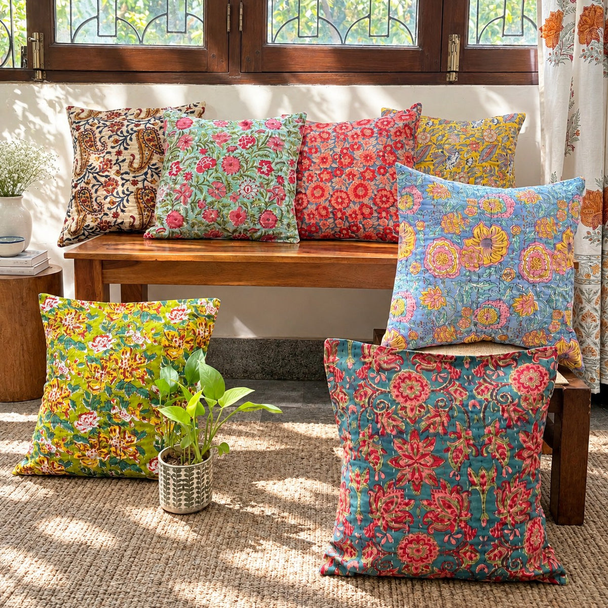 Shades of India - Kantha Stitched Cushion Covers - Set of 7