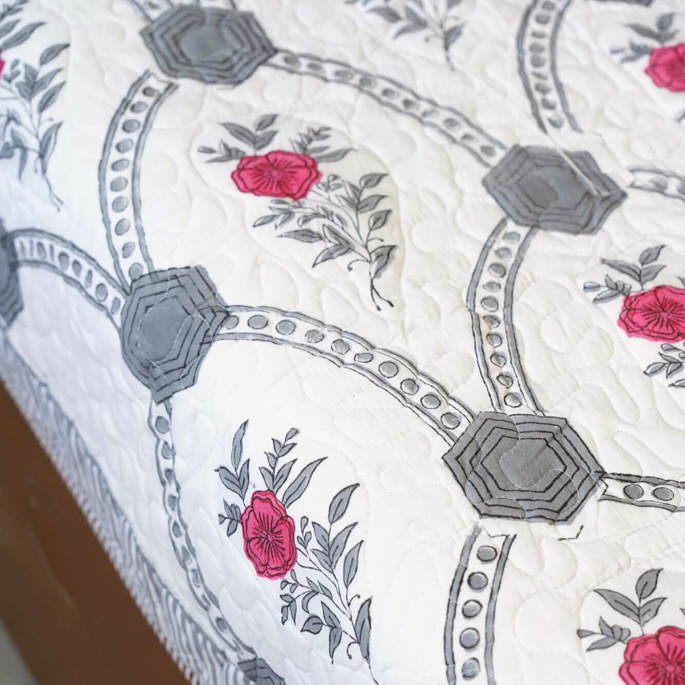 Grey Arches - Quilted and Reversible Handblock Bedcover I Comforter