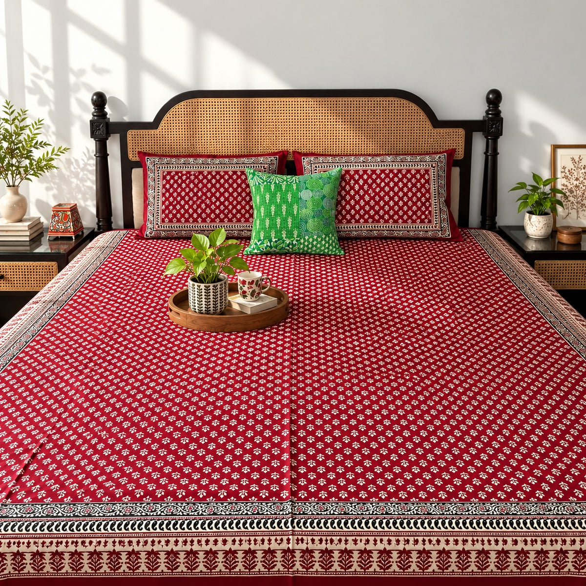 New Maroon Kalamkari- Flat I Fitted Bedsheet (90x108 Inches)