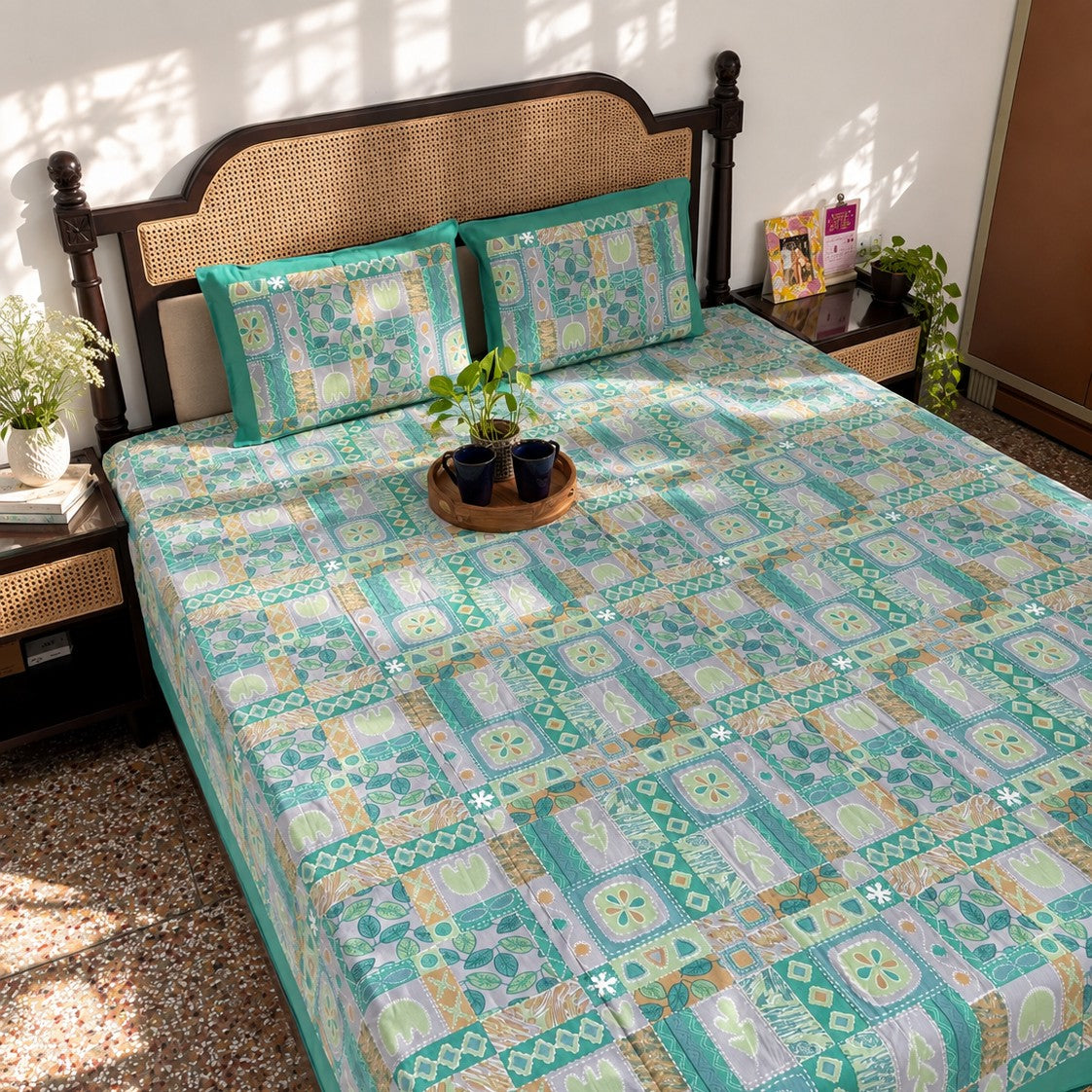 Abstract Green - Flat I Fitted Bedsheet (90x108 Inches)