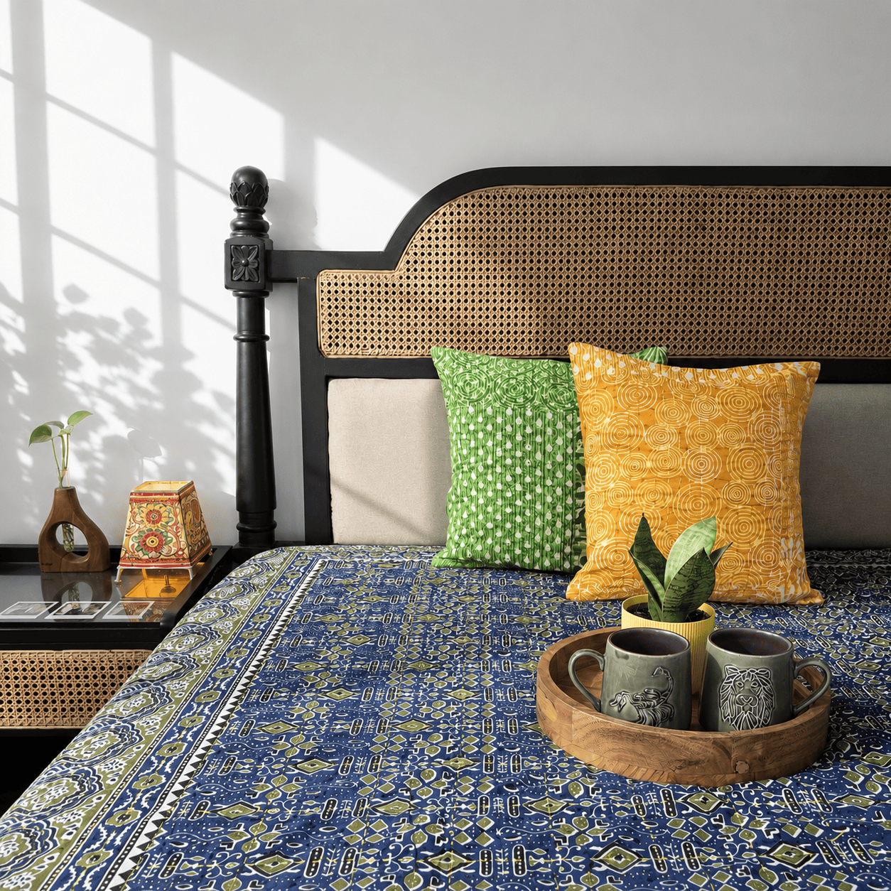 Buy bedsheets online India with block print cotton bedding and cushions