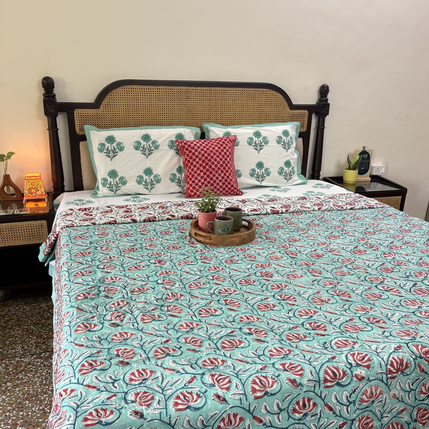 Double Bed Block Print Reversible Mul Dohar - Tulsi