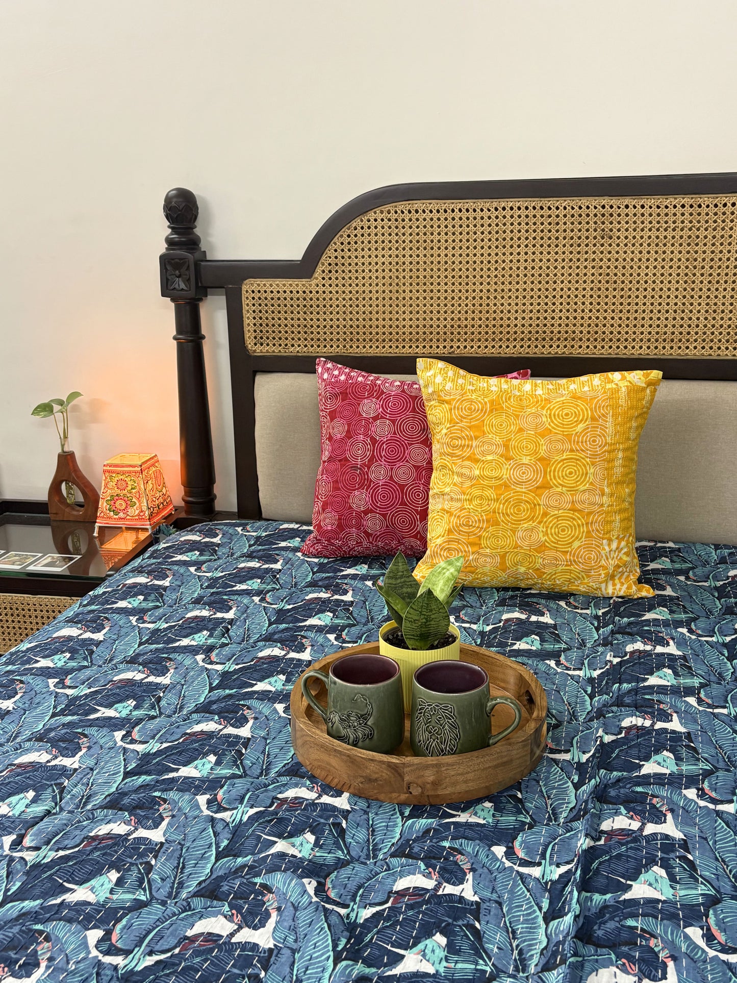 Handcrafted cotton bedsheets online with matching block print cushions