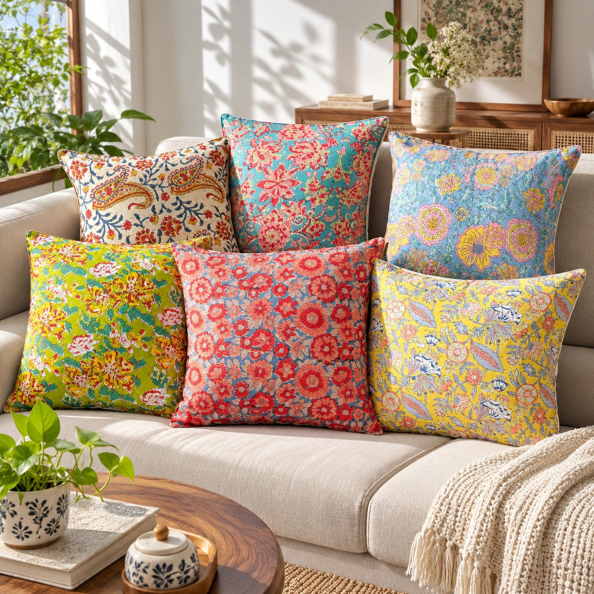 Shades of India - Kantha Stitched Cushion Covers - Set of 7