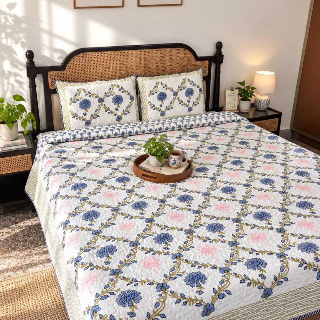 Khushamadeed - Quilted and Reversible Handblock Bedcover I Comforter