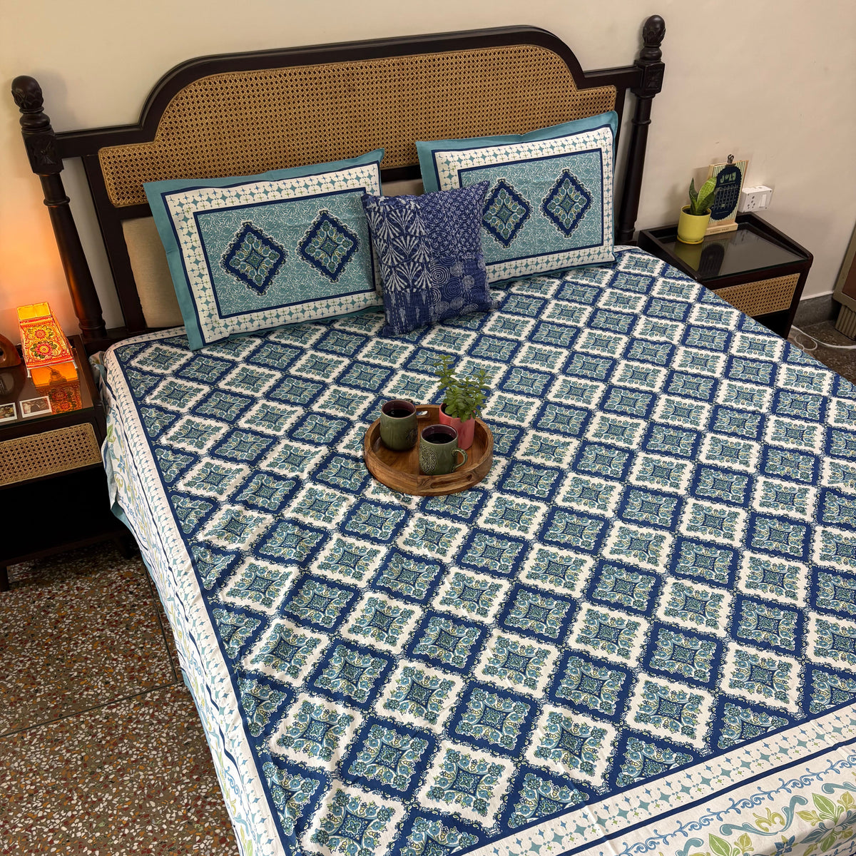 Sagar Blue - Flat I Fitted Bedsheet (108x108 Inches)