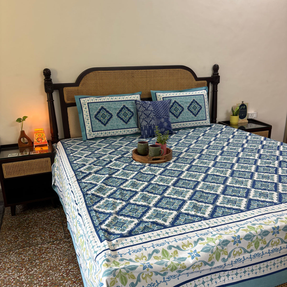 Sagar Blue - Flat I Fitted Bedsheet (108x108 Inches)