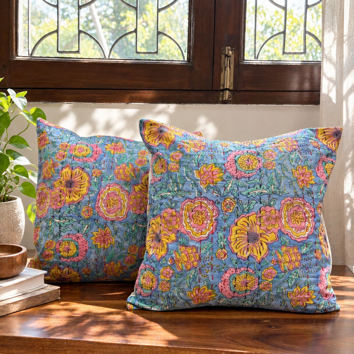 Shalimar – Handblock Kantha Stitch Cushion Cover