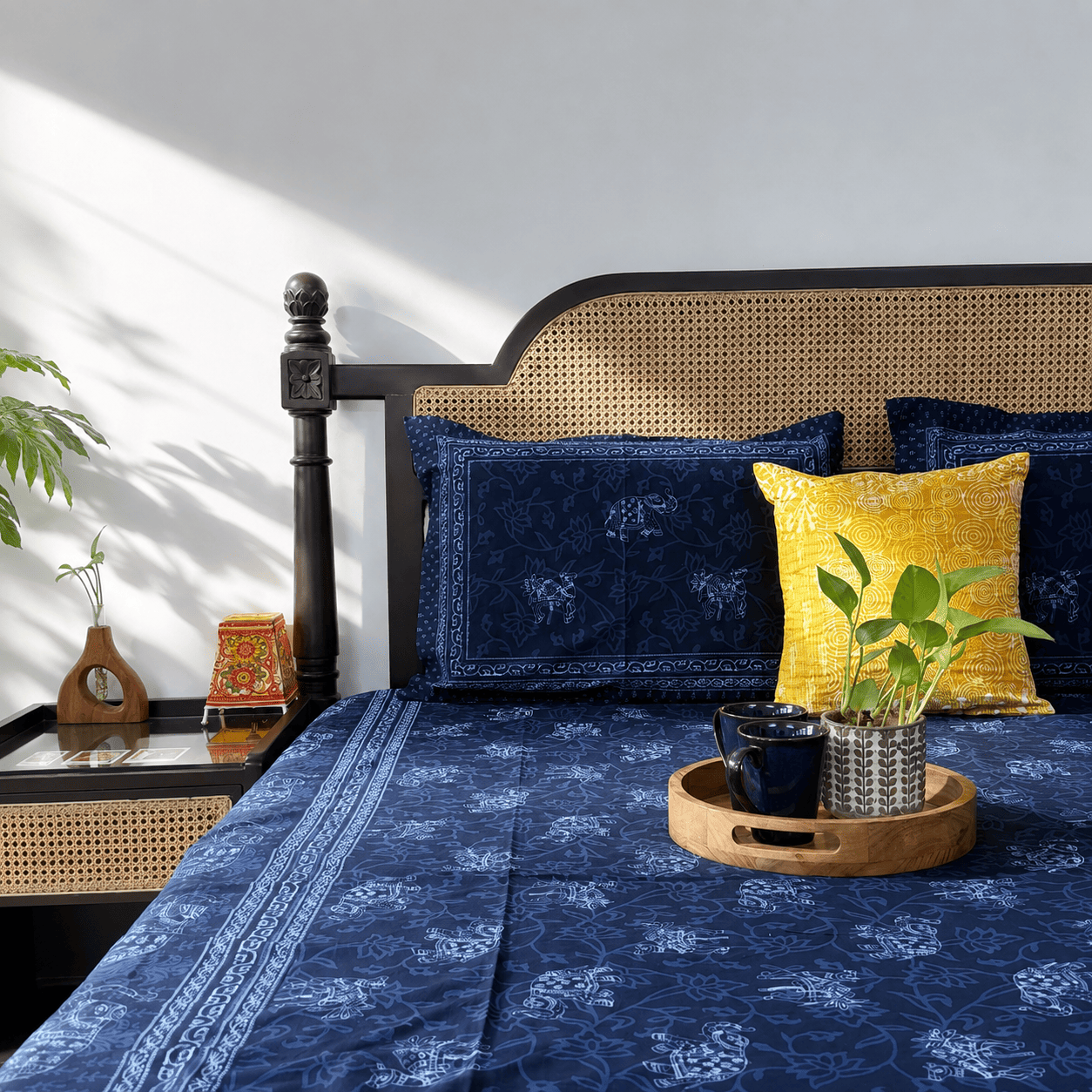 Indigo Elephant -Flat I Fitted Bedsheet (90x108 Inches)