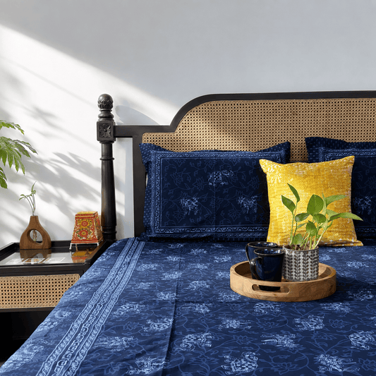 Indigo Elephant -Flat I Fitted Bedsheet (90x108 Inches)