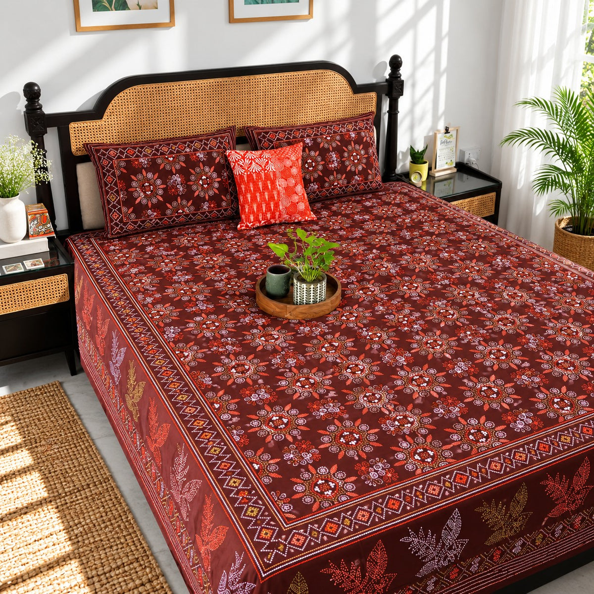 Kalamkari Mandala - Flat I Fitted Bedsheet (90x108 Inches)