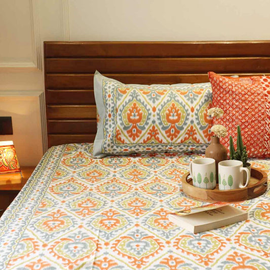 Ikkat Orange Big - Flat I Fitted Bedsheet (108x108 Inches)