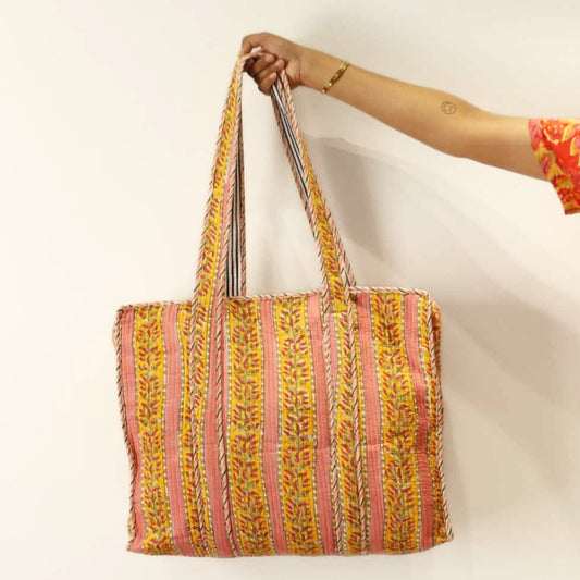 Jaipuri Quilted Tote Bag - Peach