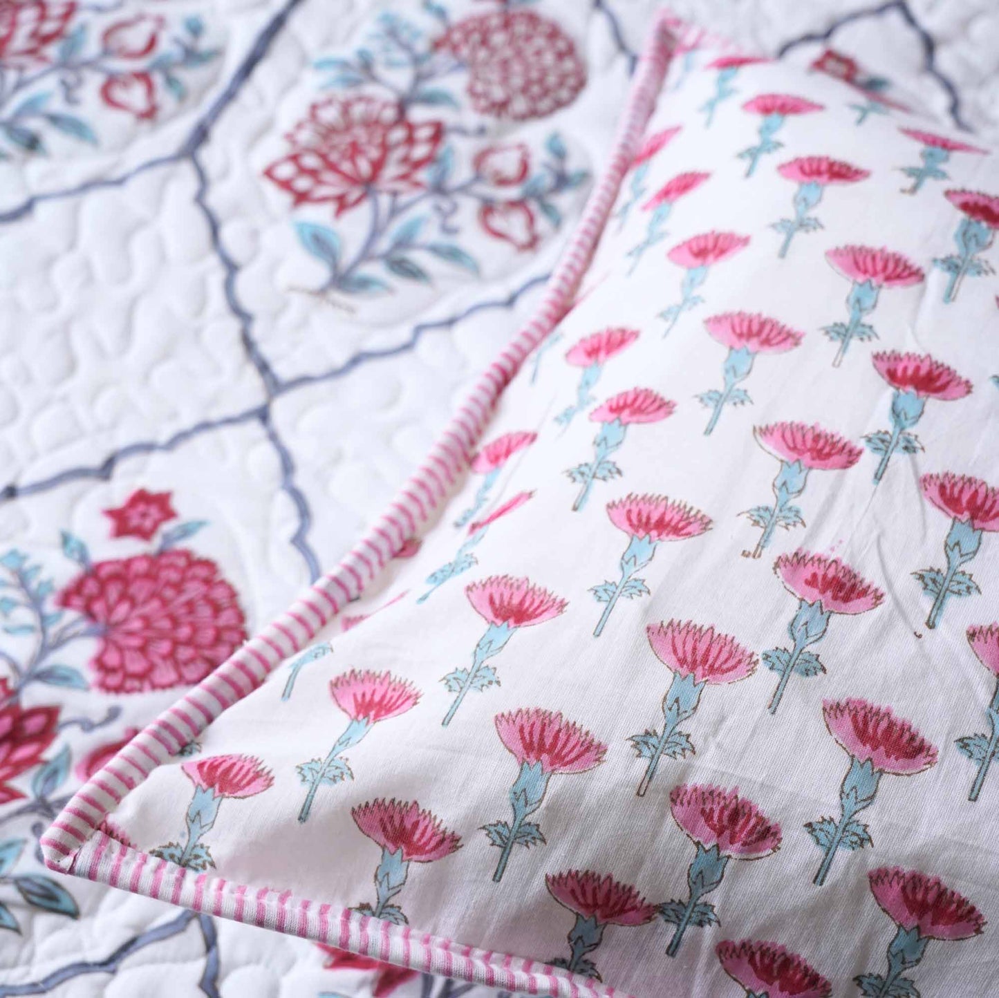 Gul Mehndi - Quilted and Reversible Handblock Bedcover I Comforter