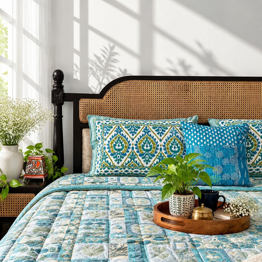 Elegant blue floral bedding in bright bedroom