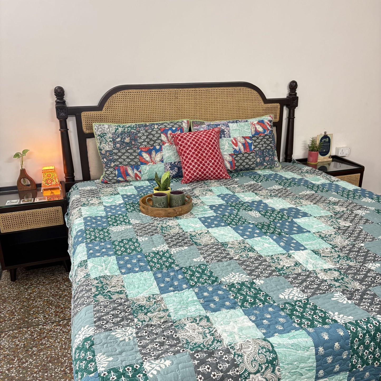 Rangeela - Turquoise - A Patchwork Reversible Quilted Bedcover I Comforter - With Pillow Cases