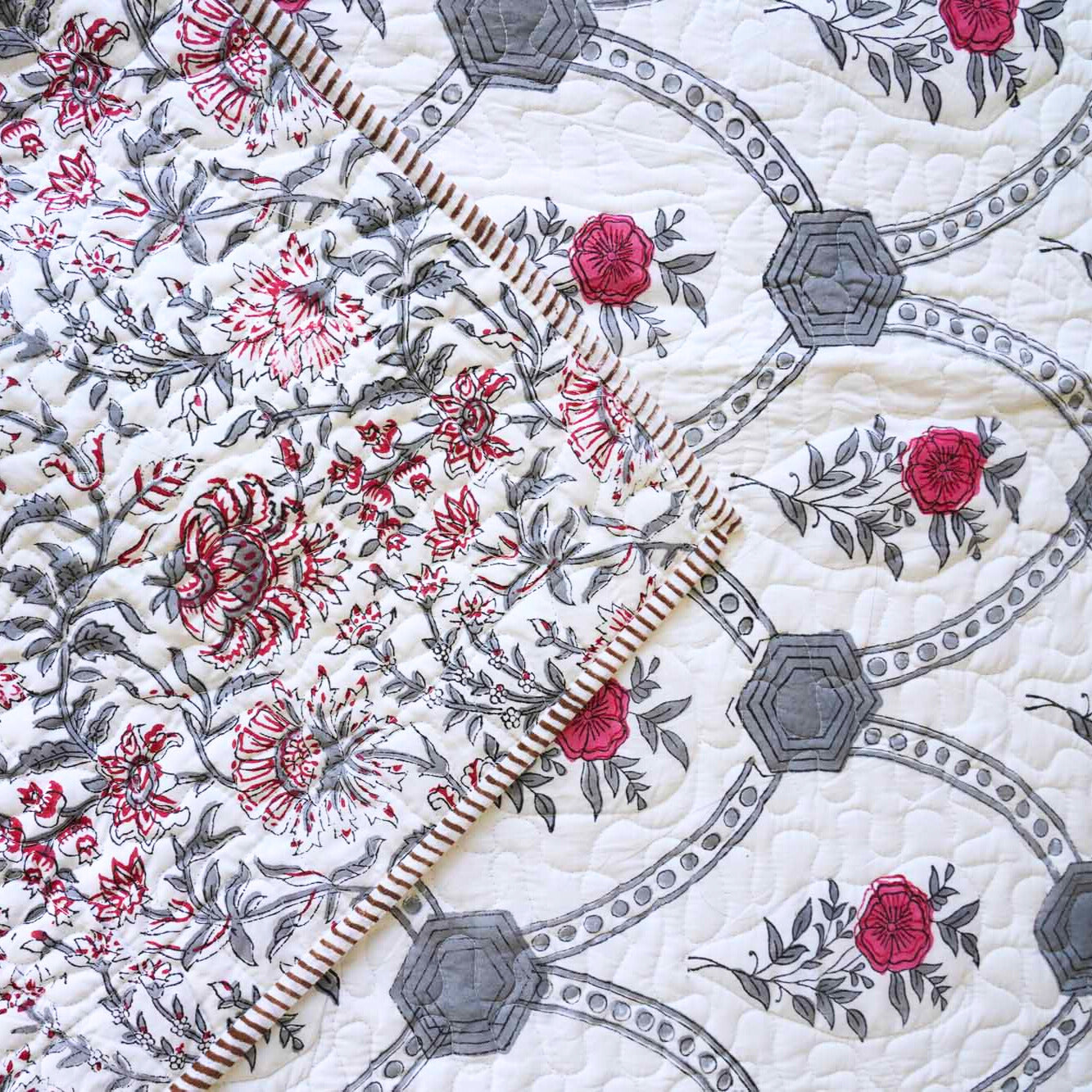 Grey Arches - Quilted and Reversible Handblock Bedcover I Comforter