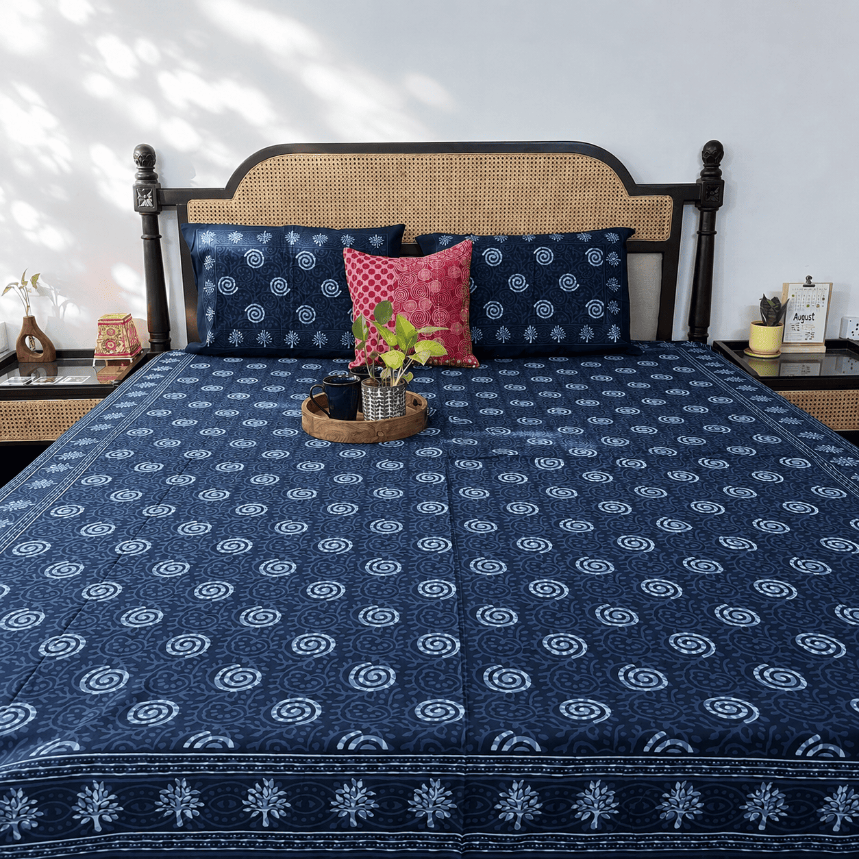 Indigo Rangoli - Flat I Fitted Bedsheet (90x108 Inches)