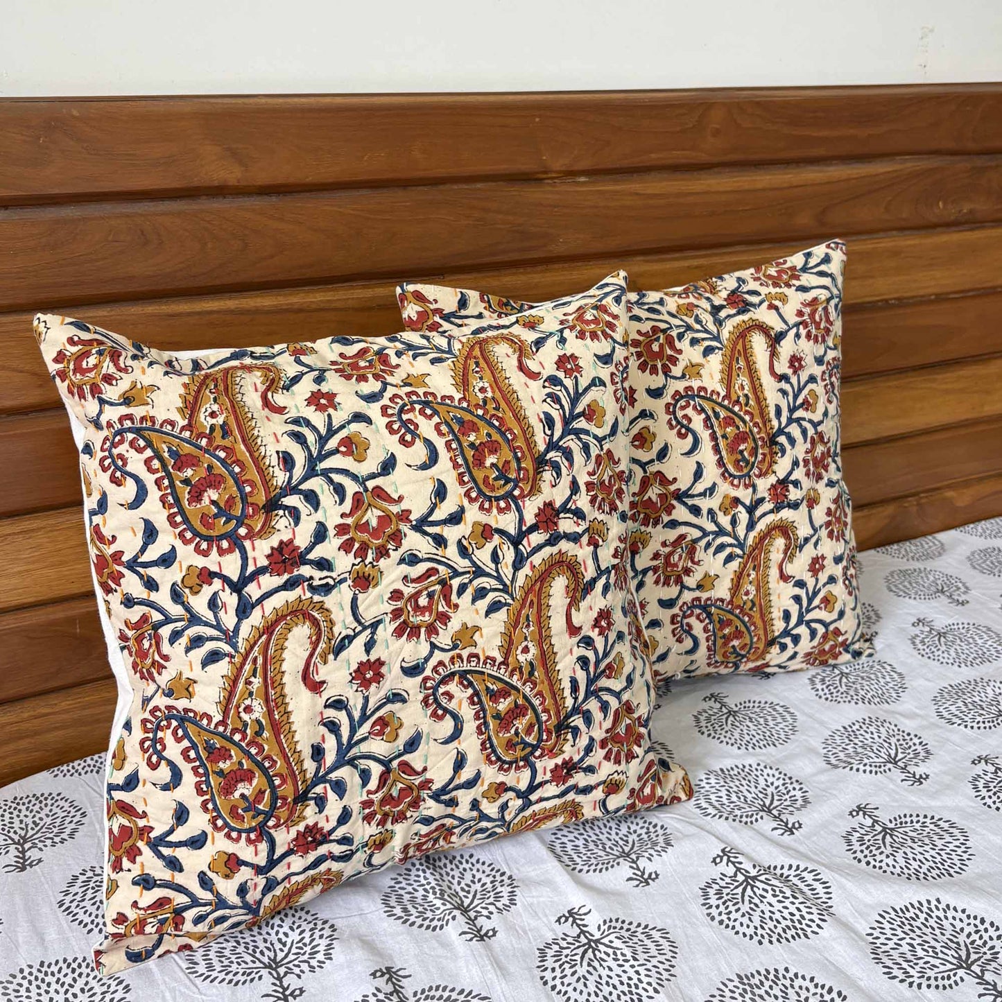 Jaipur Paisley – Handblock Kantha Stitch Cushion Cover