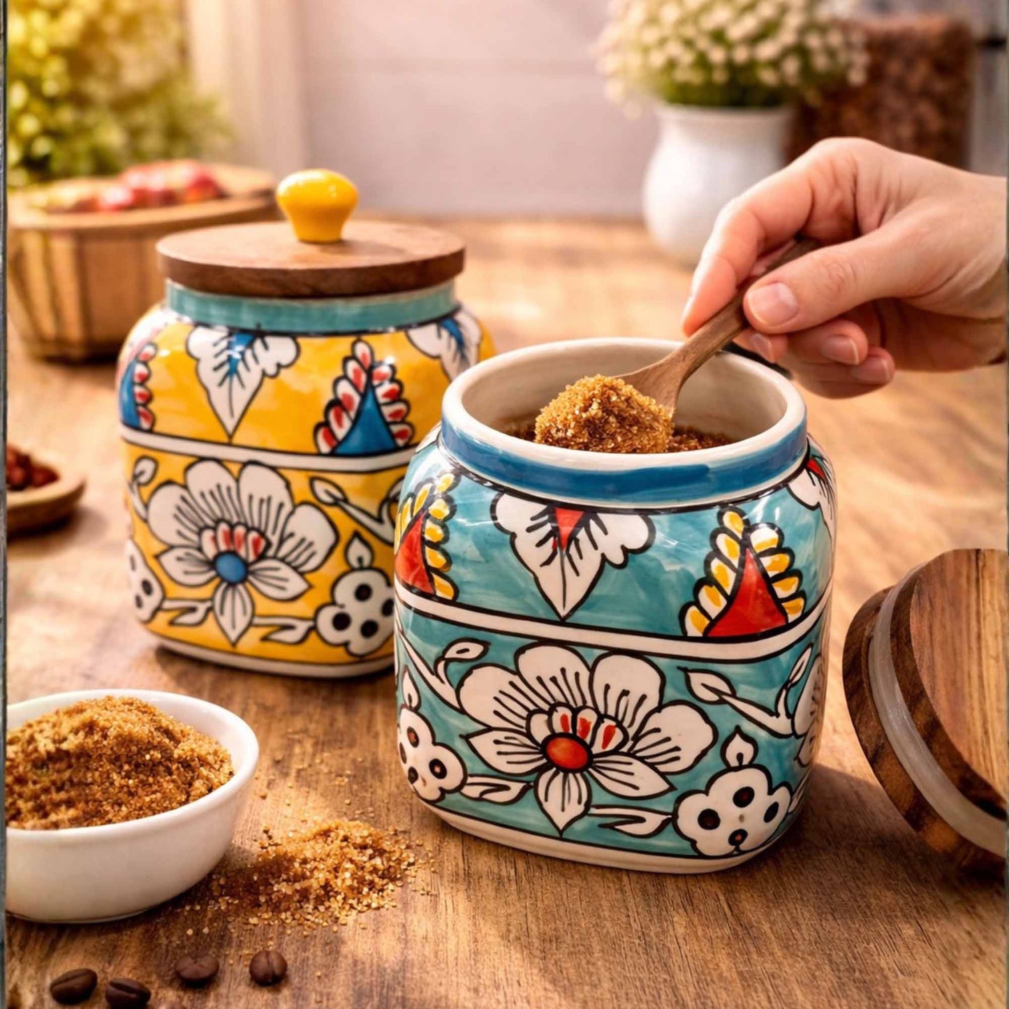 Hand Painted Ceramic Storage Jars - Set Of 2
