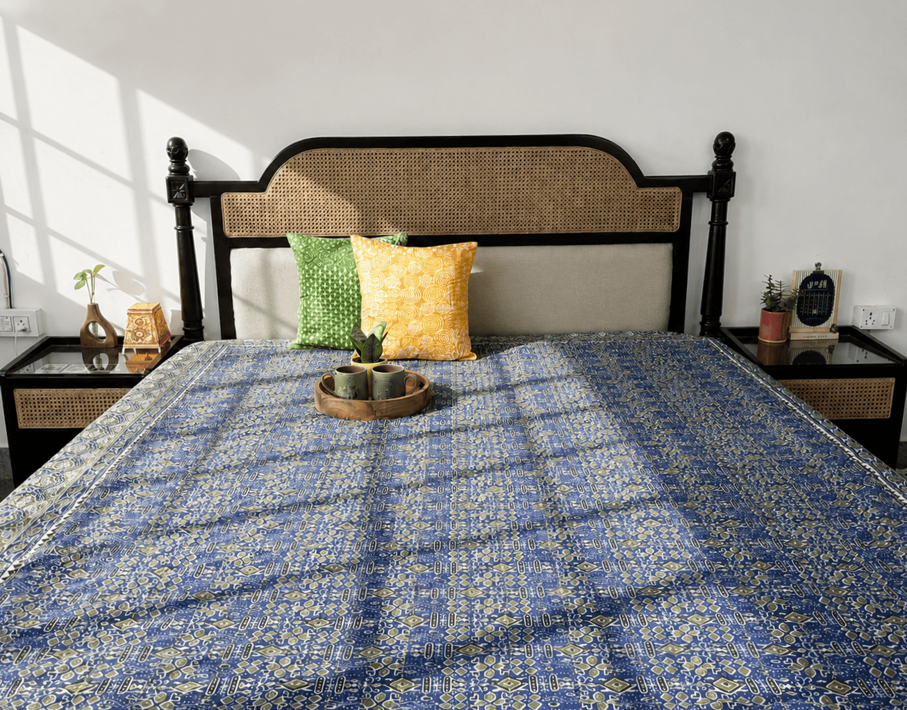 Ajrakh Blue - Kantha stitch Bedcover (90x108)