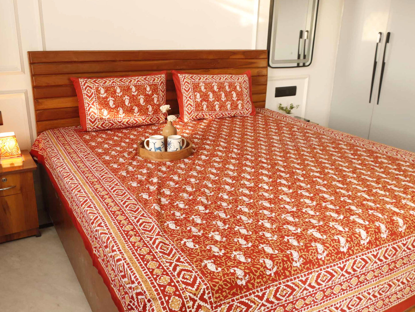 Dabu Orange – Flat I Fitted Bedsheet (90x108 Inches)