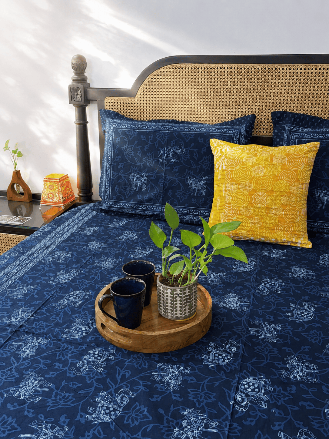 Indigo Elephant -Flat I Fitted Bedsheet (90x108 Inches)