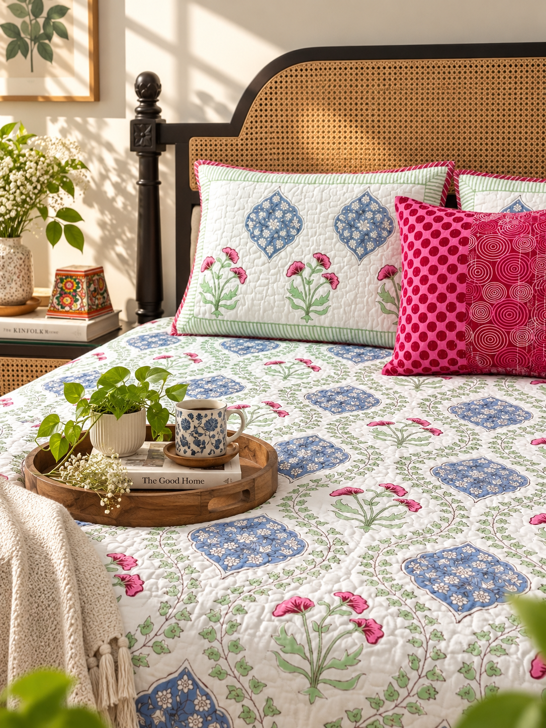 Mughal Garden - Quilted and Reversible Handblock Bedcover I Comforter