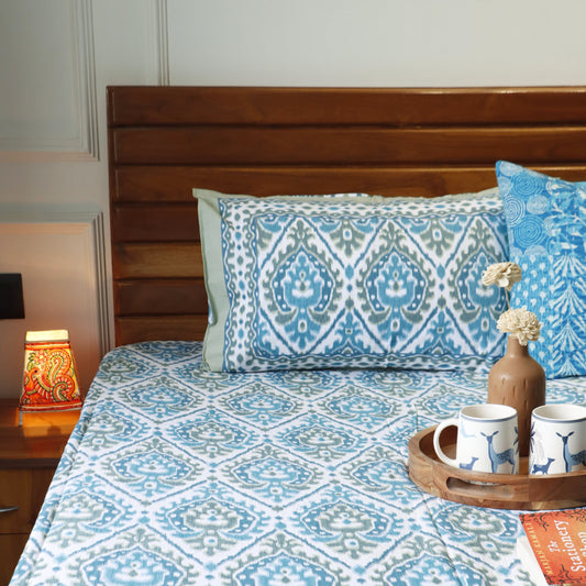 Ikkat Blue Big - Flat I Fitted Bedsheet (108x108 Inches)