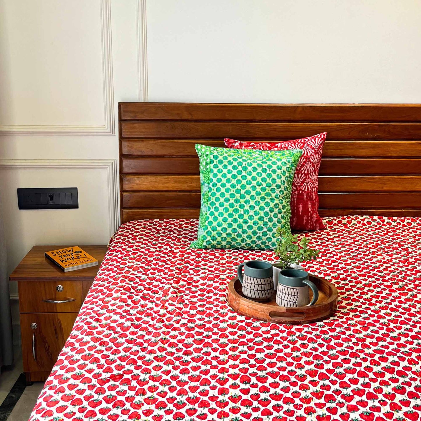 Strawberry - Kantha Stitch Bedcover