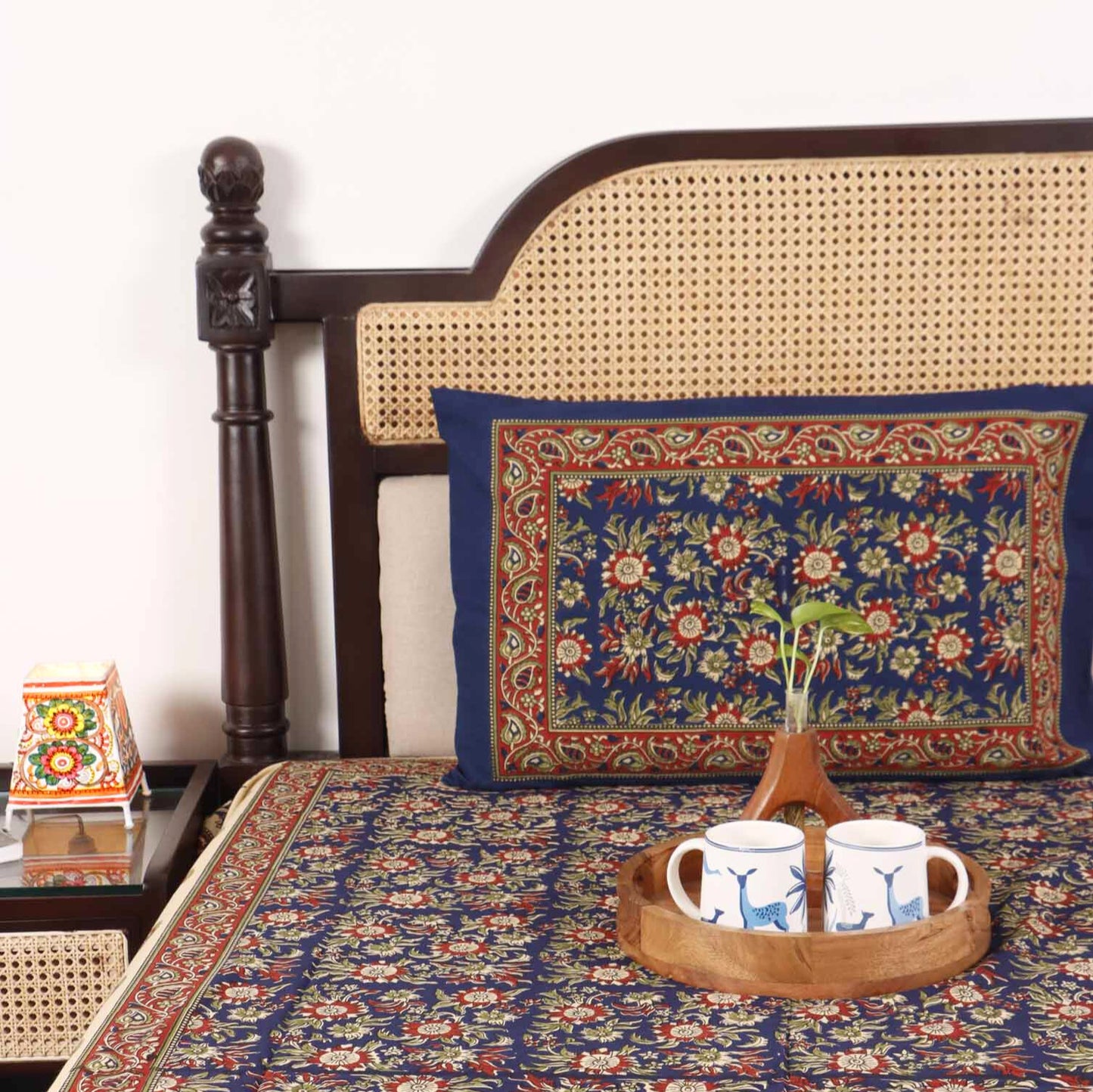 Kalamkari Phool Blue - Single Bed Bedsheet (60x90 Inches)