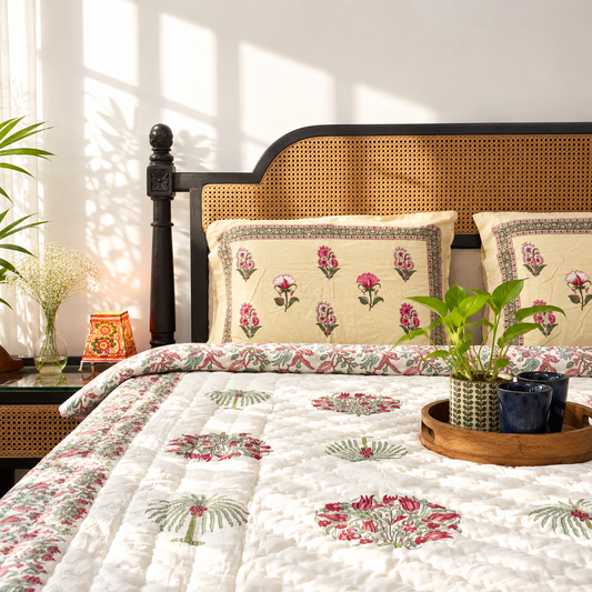 Cotton quilt with floral block print for home decor items online India