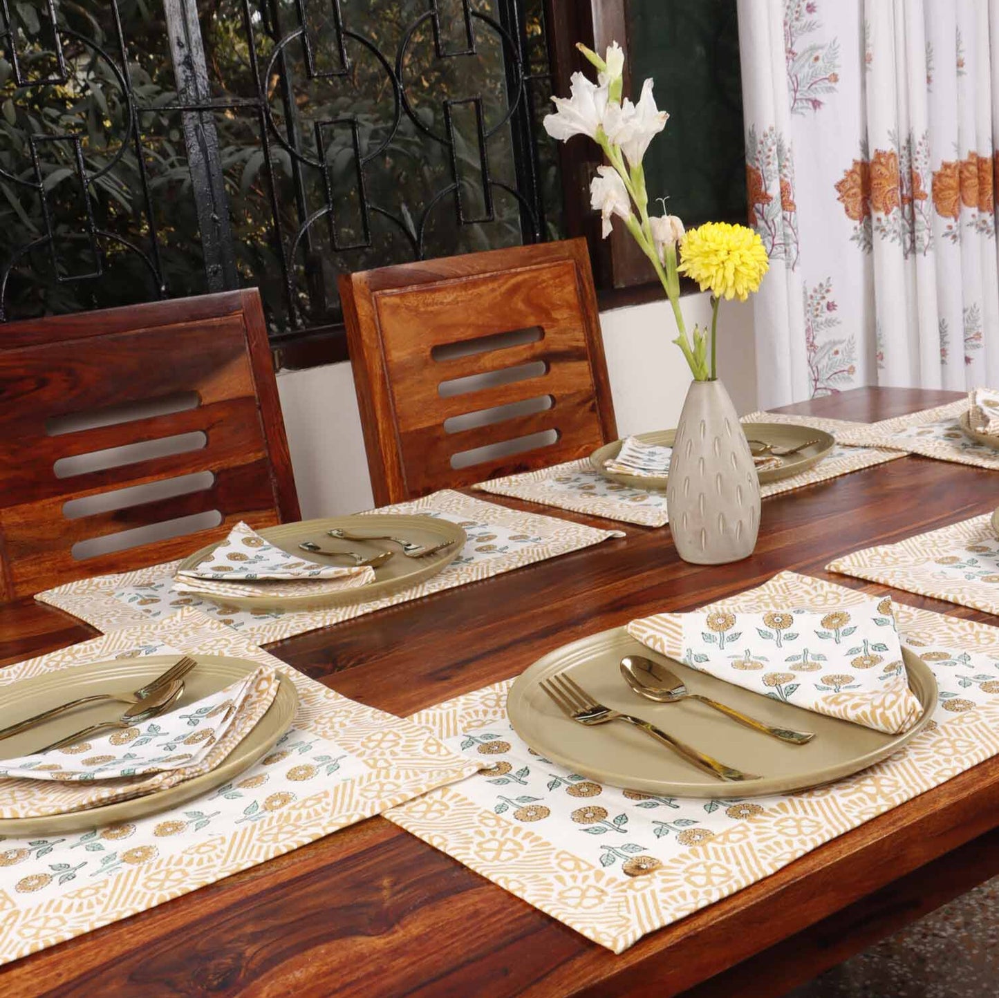 Pushpita - Hand Block Printed Table Runner, Table Mats and Napkins