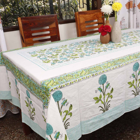 Jashn-E-Bahaara Phool - Hand Block Six Seater Dining Table Cover With Napkins