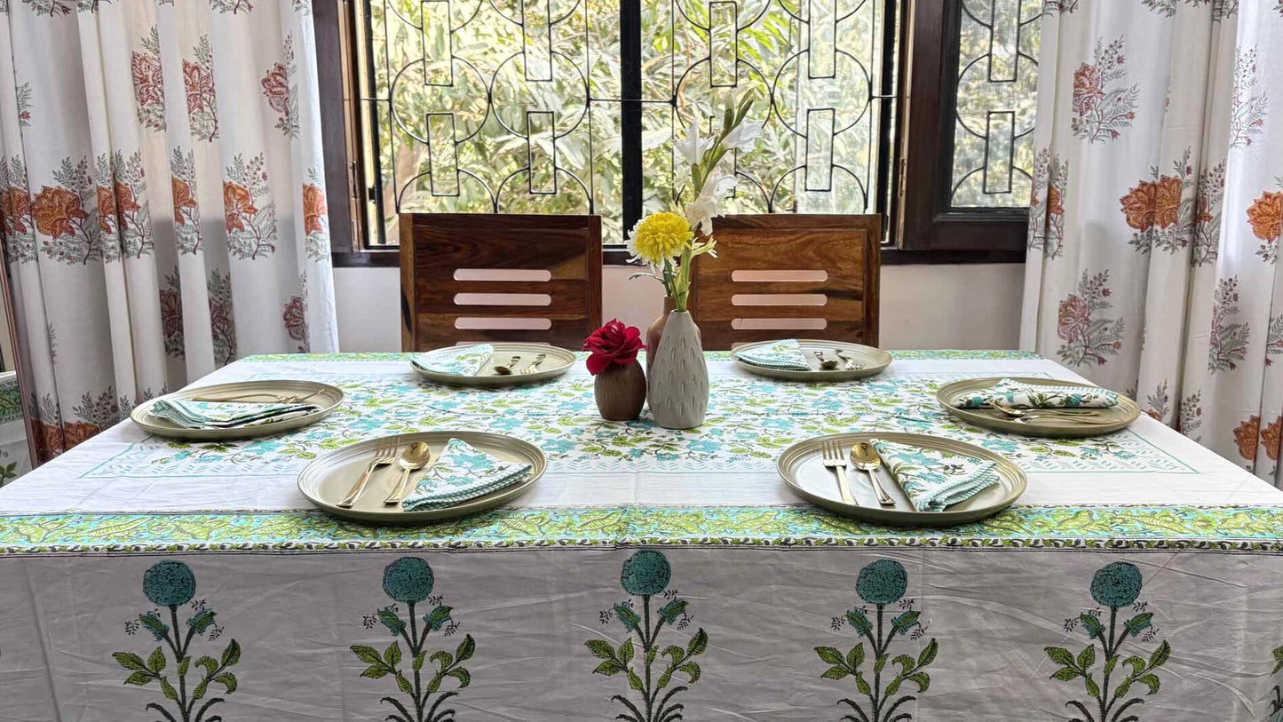 Jashn-E-Bahaara Phool - Hand Block Six Seater Dining Table Cover With Napkins